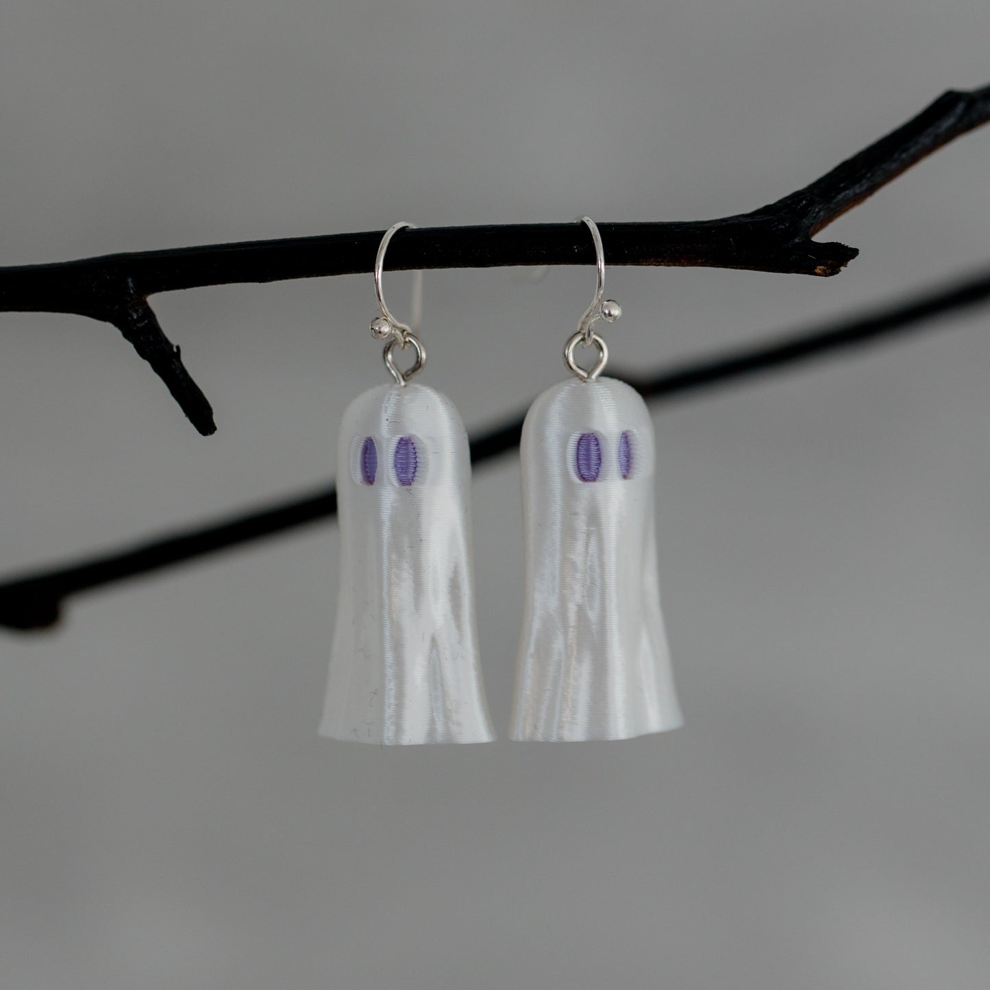 Paranormal Pearl Ghost Halloween Earrings - Darker Purple Eyes