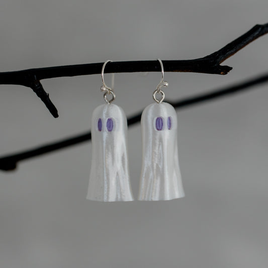 Paranormal Pearl Ghost Halloween Earrings - Darker Purple Eyes