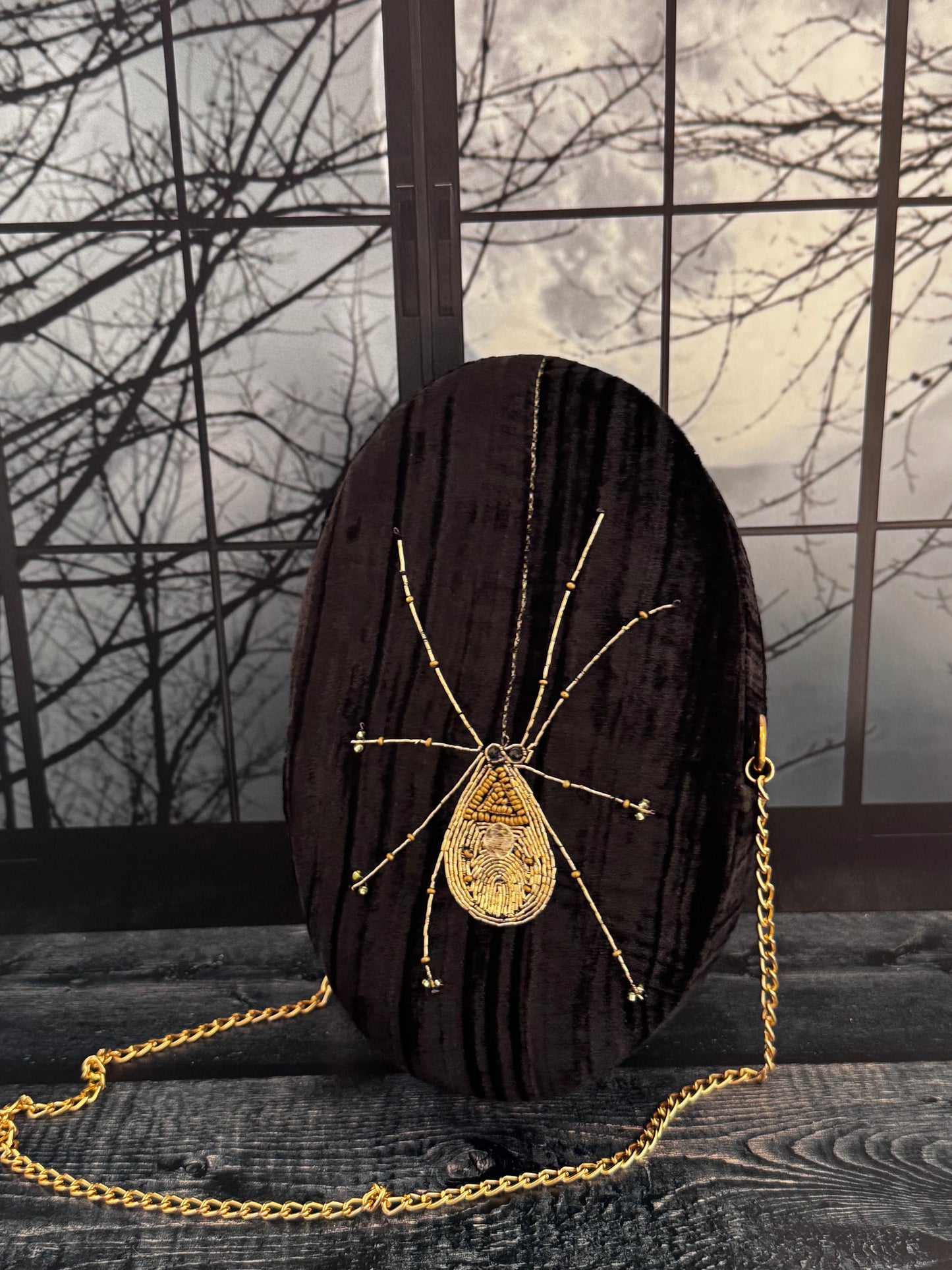 Midnight Spell black velvet purse, back view with hand embellished gold spider