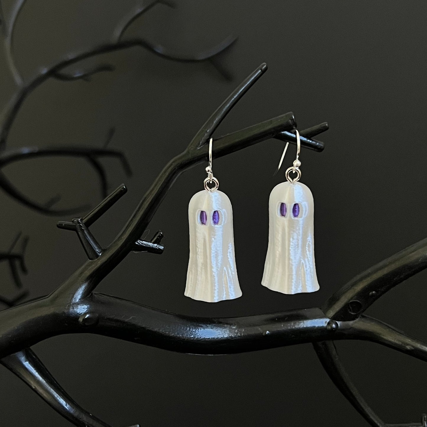 Paranormal Pearl Ghost Halloween Earrings - Darker Purple Eyes