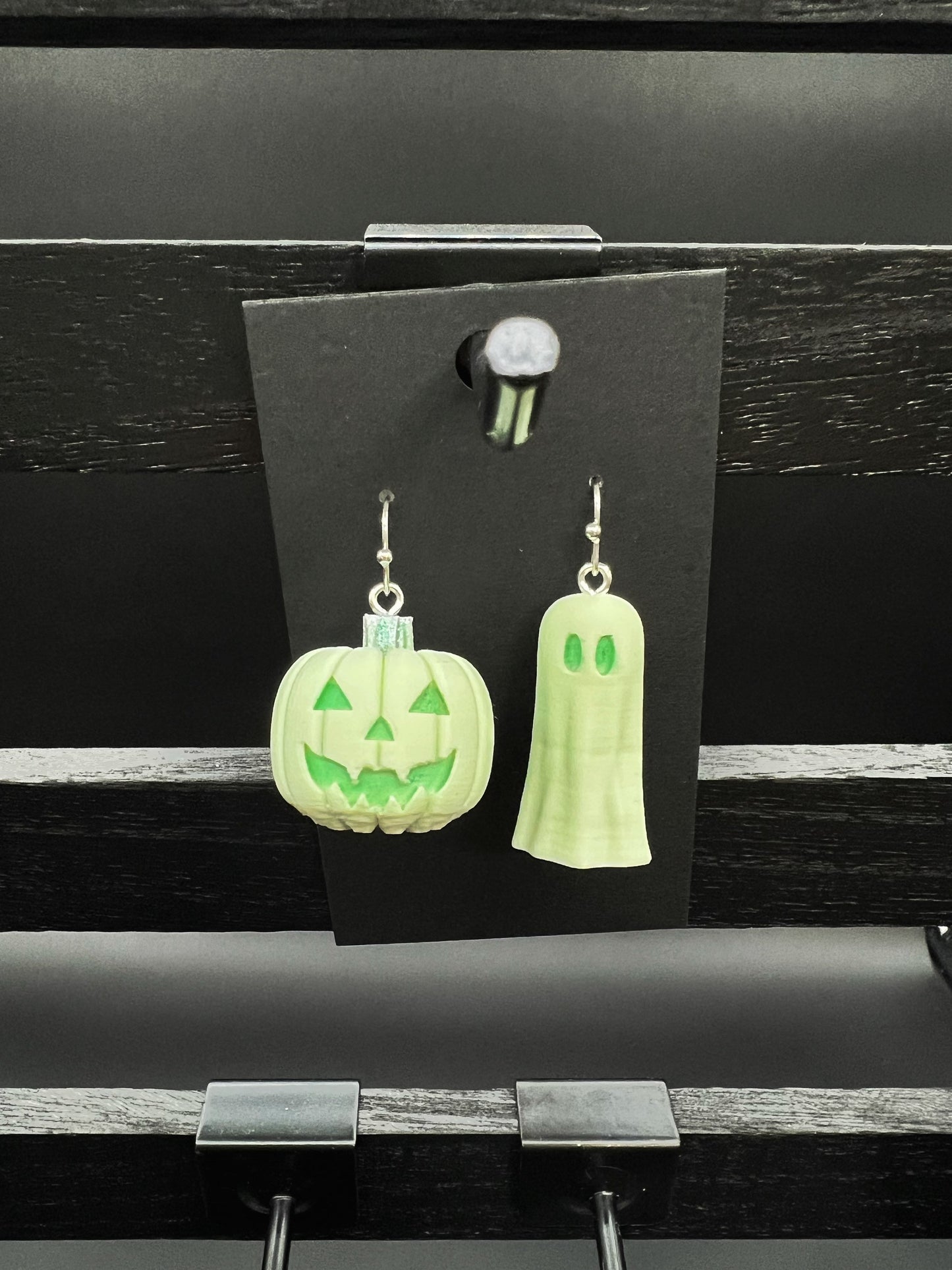 Pumpkin Ghost Halloween Earrings - Matte Pastel Green/Silver
