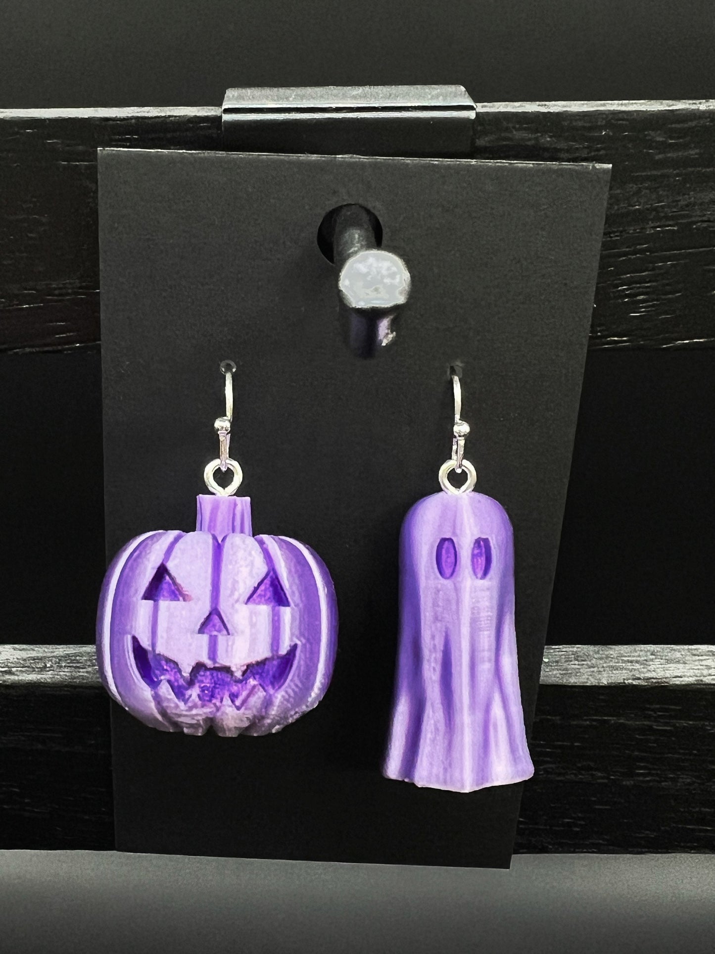 Pumpkin Ghost Halloween Earrings - Shiny Pastel Purple/Silver