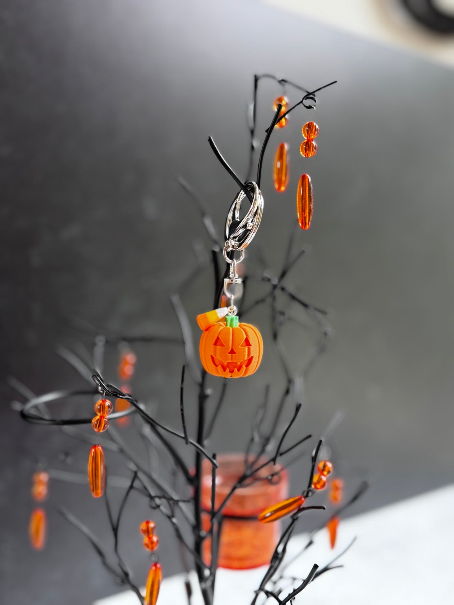 Pumpkin with Candy Corn Charm/Keychain - Matte Orange & Silver