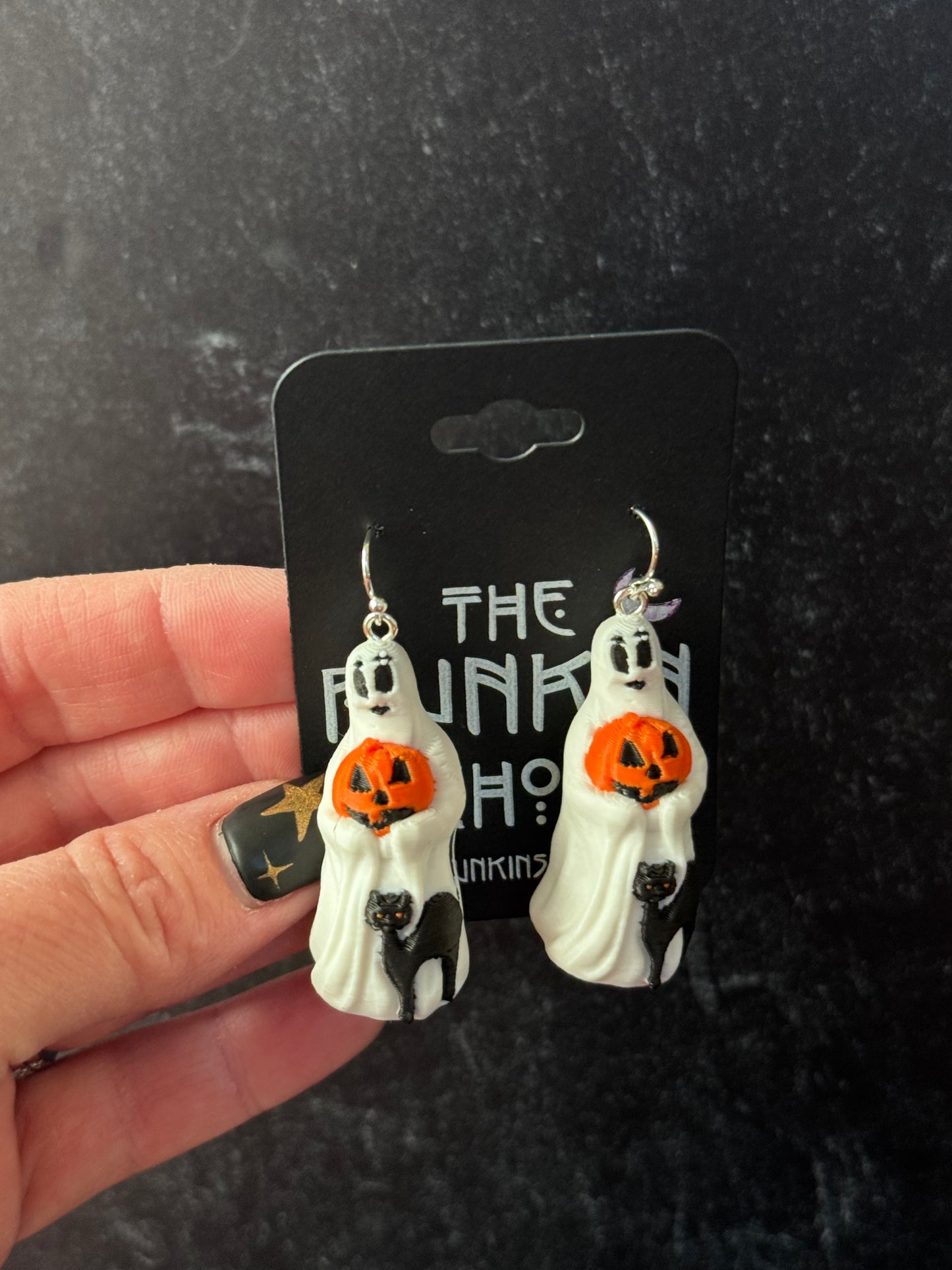 Vintage-Inspired Ghost & Jack-O’-Lantern Earrings with Black Cat