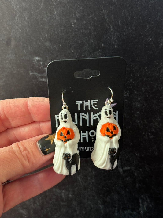 Vintage-Inspired Ghost & Jack-O’-Lantern Earrings with Black Cat