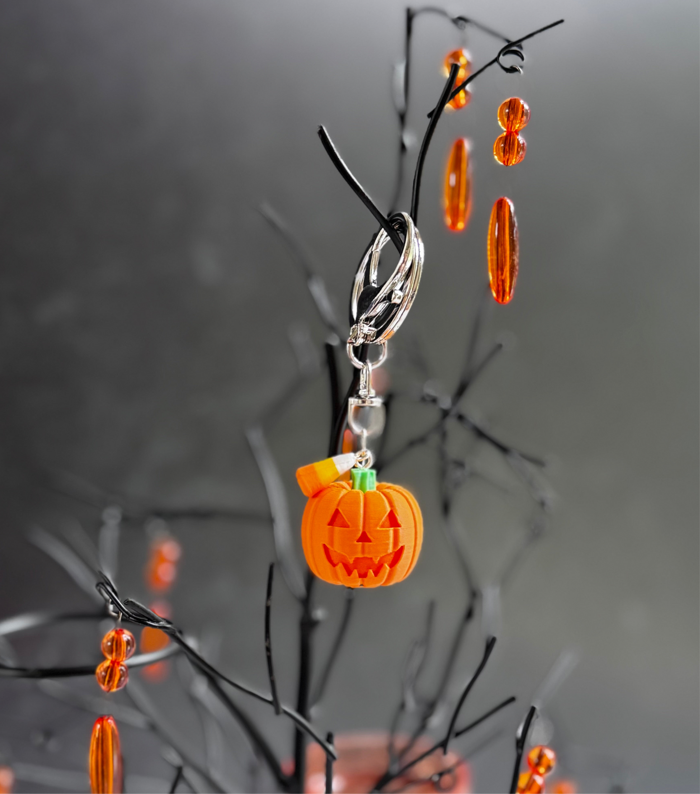 Pumpkin with Candy Corn Charm/Keychain - Matte Orange & Silver