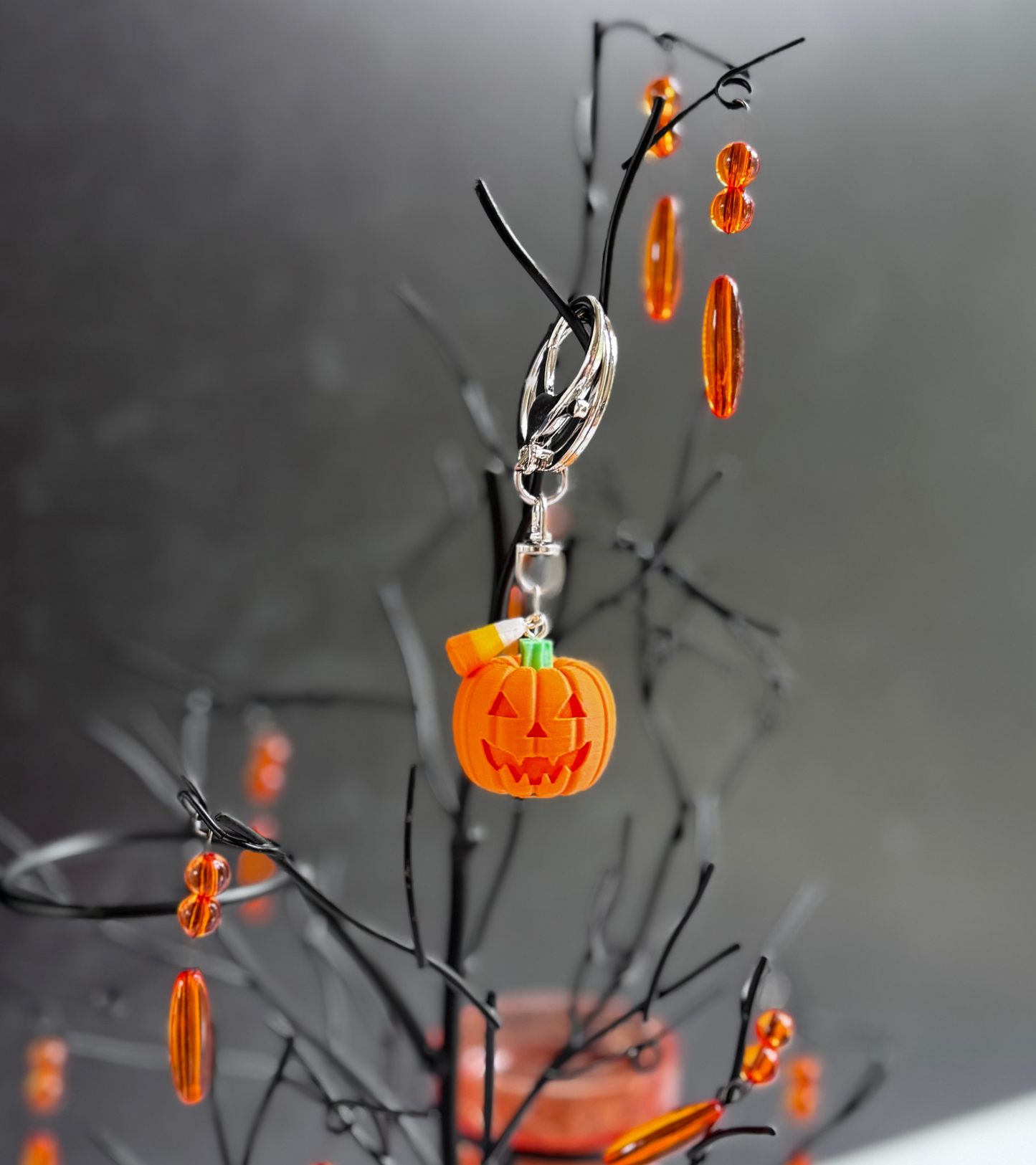 Pumpkin with Candy Corn Charm/Keychain - Matte Orange & Silver