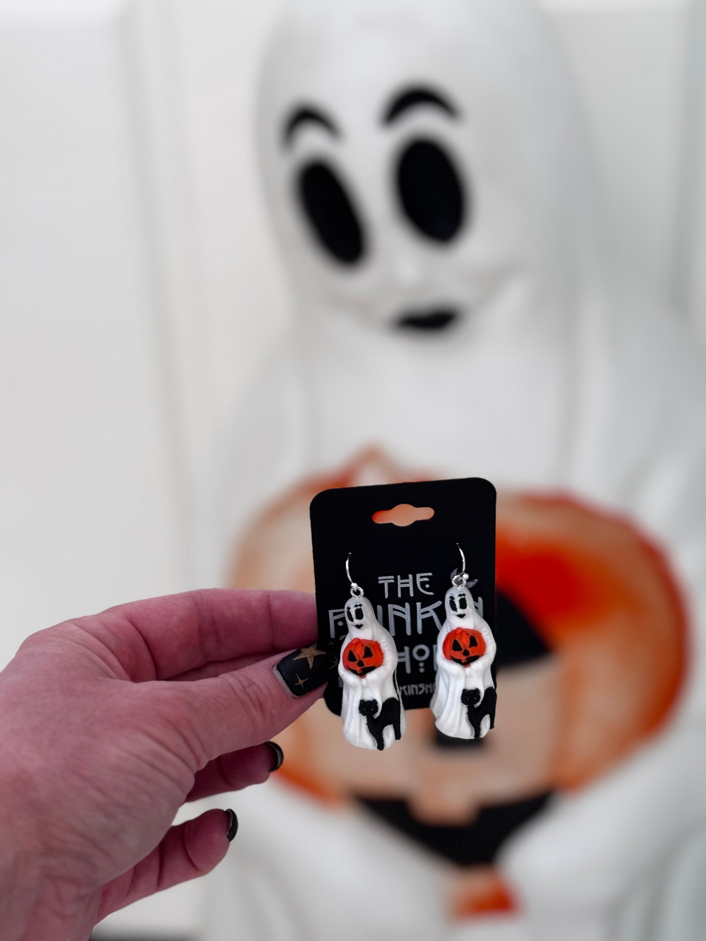 Vintage-Inspired Ghost & Jack-O’-Lantern Earrings with Black Cat