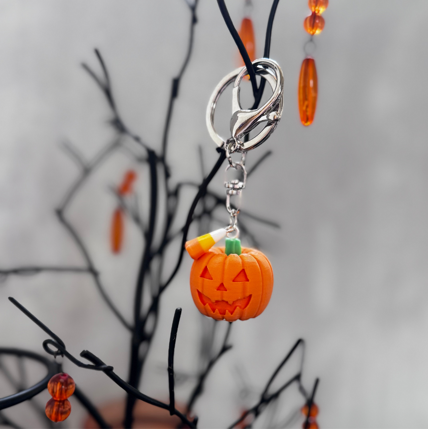 Pumpkin with Candy Corn Charm/Keychain - Matte Orange & Silver