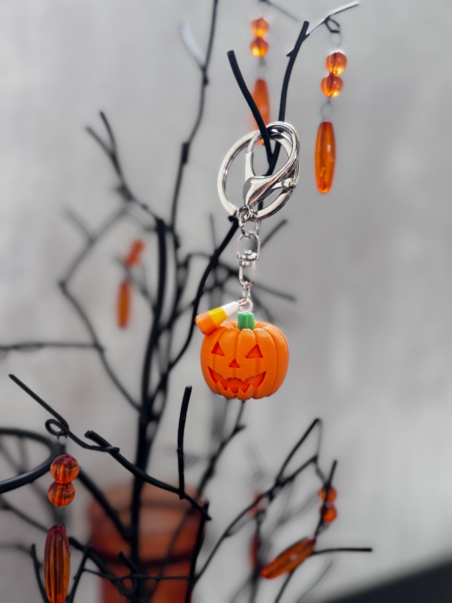 Pumpkin with Candy Corn Charm/Keychain - Matte Orange & Silver