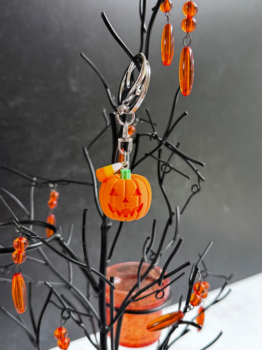Pumpkin with Candy Corn Charm/Keychain - Matte Orange & Silver