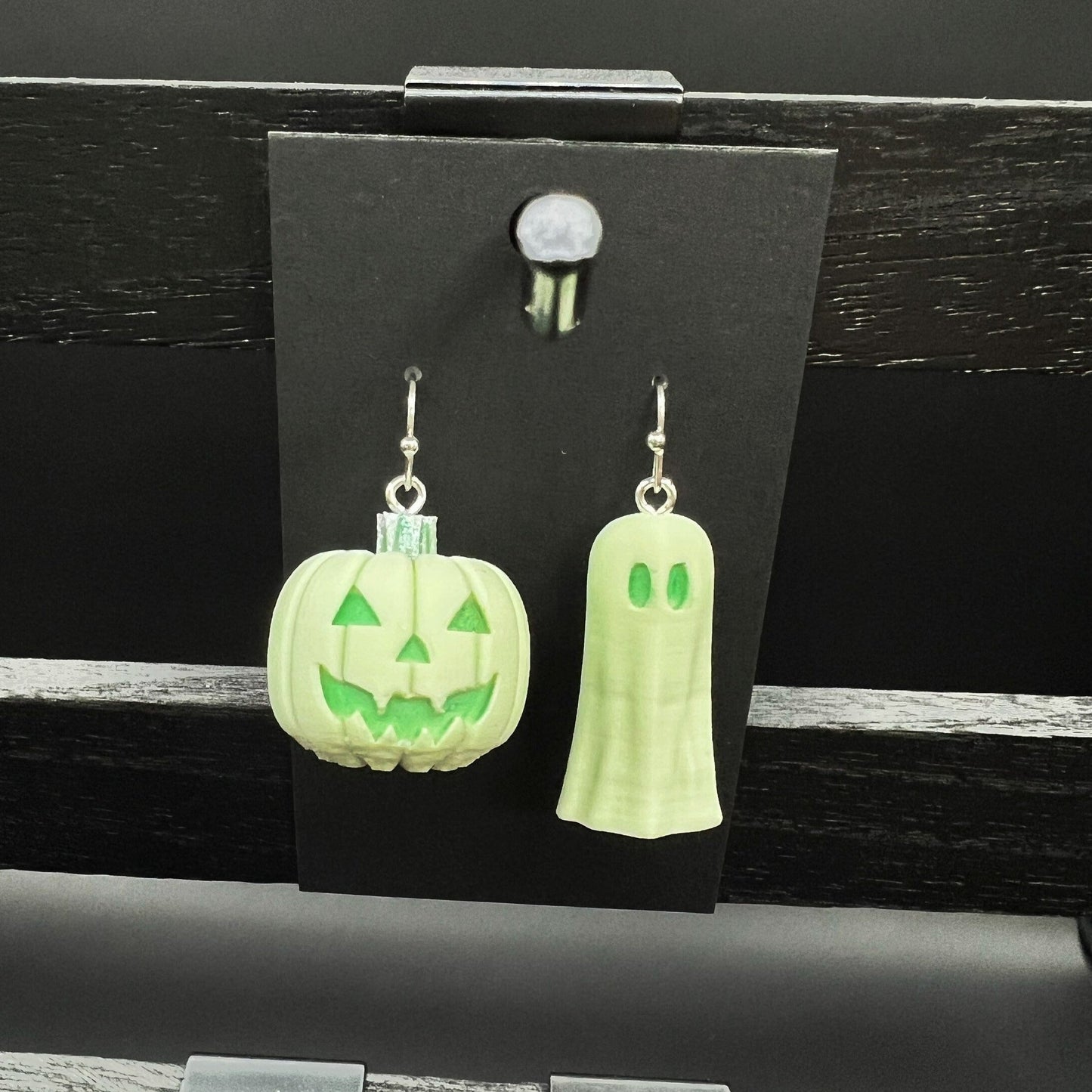 Pumpkin Ghost Halloween Earrings - Matte Pastel Green/Silver