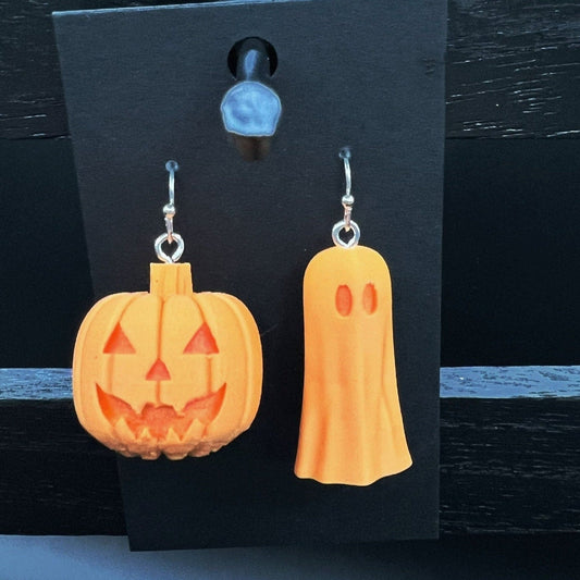 Pumpkin Ghost Halloween Earrings - Matte Pastel Orange/Silver